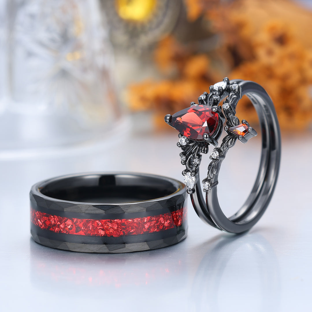 Vintage Red Garnet Leaf Flourish Couple Ring Set Black And Red Stone 3 Piece His and Hers Wedding Ring Sets -  Esdomera.com
