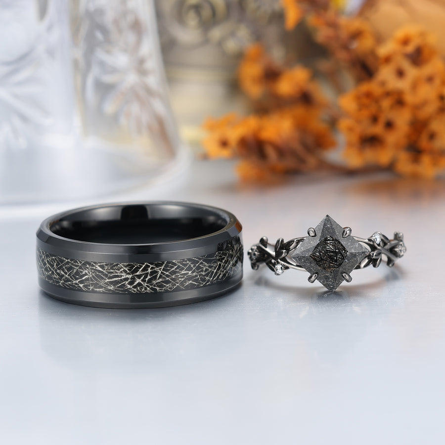 Exquisite Black Rutilated Quartz Sprig Engagement Couple Rings Filamentous Silver Foil Tungsten Wedding Bands