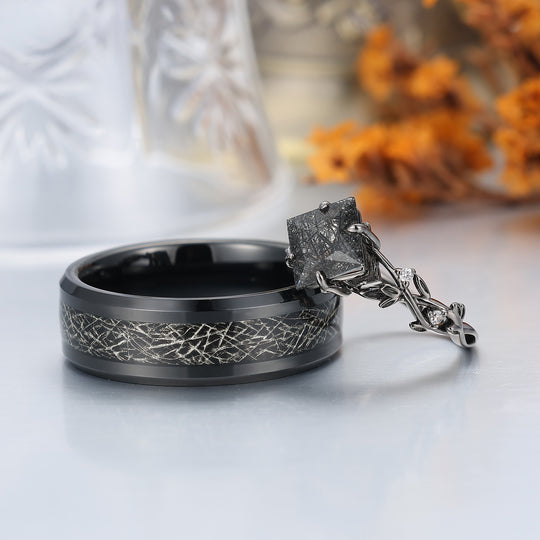 Exquisite Black Rutilated Quartz Sprig Engagement Couple Rings Filamentous Silver Foil Tungsten Wedding Bands