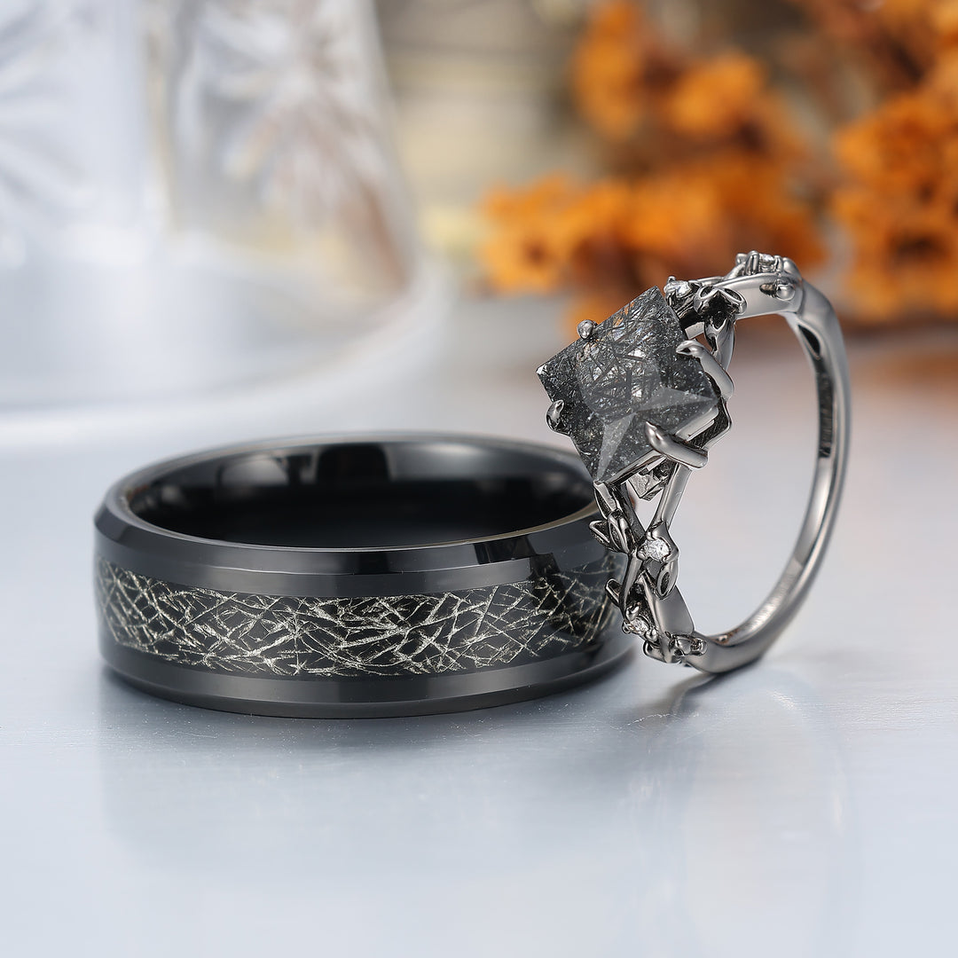 Exquisite Black Rutilated Quartz Sprig Engagement Couple Rings Filamentous Silver Foil Tungsten Wedding Bands
