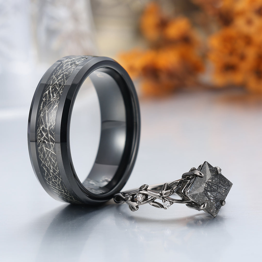 Exquisite Black Rutilated Quartz Sprig Engagement Couple Rings Filamentous Silver Foil Tungsten Wedding Bands
