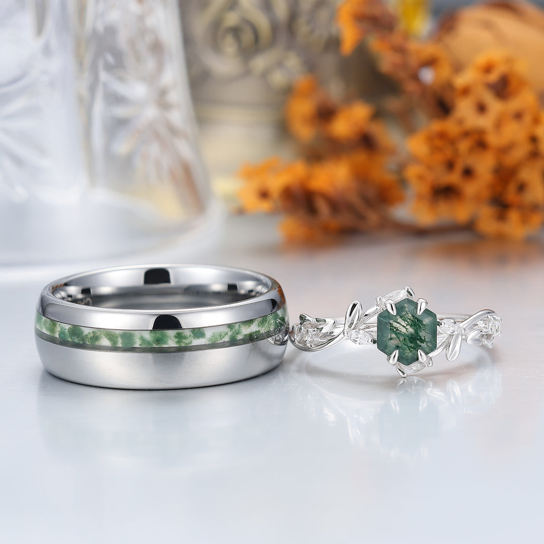 Set di anelli abbinati per coppia con design personalizzato di rami in agata muschio verde, per lui e per lei
