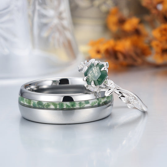 Set di anelli abbinati per coppia con design personalizzato di rami in agata muschio verde, per lui e per lei