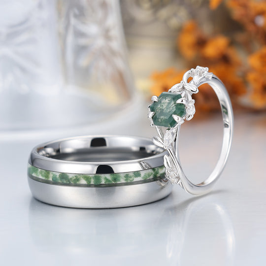 Set di anelli abbinati per coppia con design personalizzato di rami in agata muschio verde, per lui e per lei