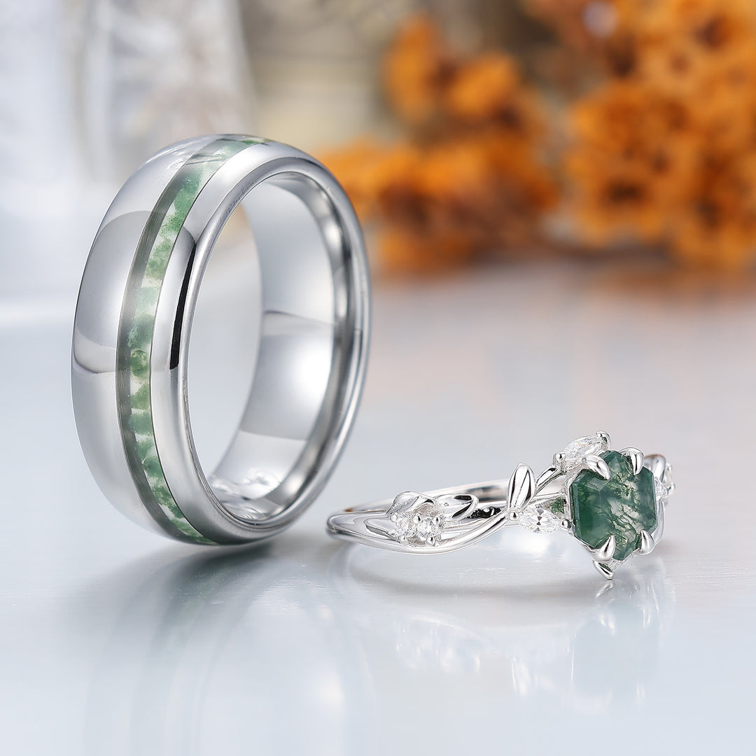 Set di anelli abbinati per coppia con design personalizzato di rami in agata muschio verde, per lui e per lei