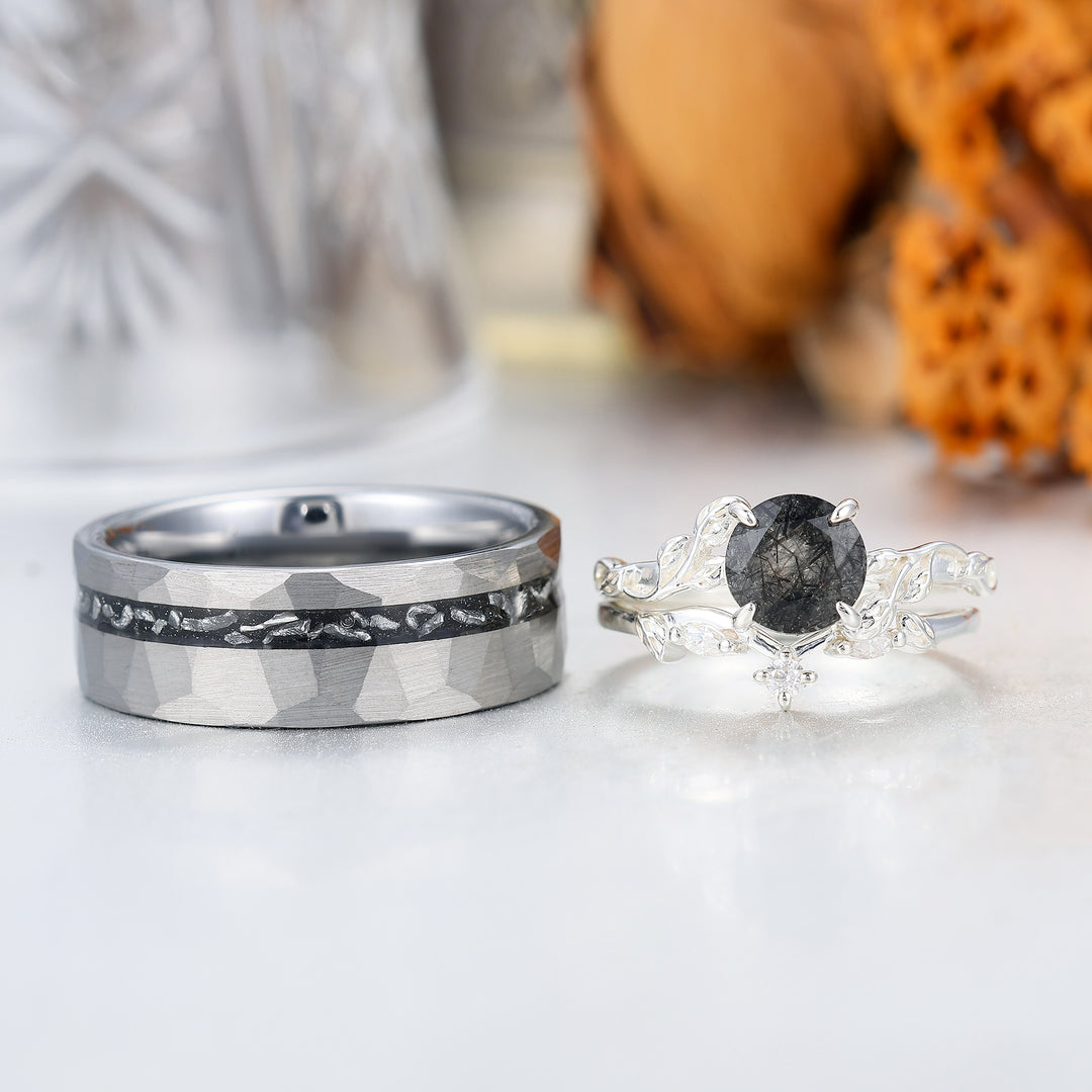 Classic Black Rutilated Quartz Leaf His And Hers Wedding Band Matching Tungsten Promise Engagement Couple Rings -  Esdomera.com