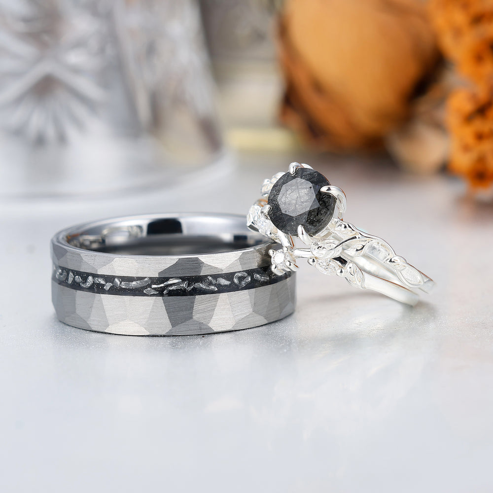 Classic Black Rutilated Quartz Leaf His And Hers Wedding Band Matching Tungsten Promise Engagement Couple Rings -  Esdomera.com