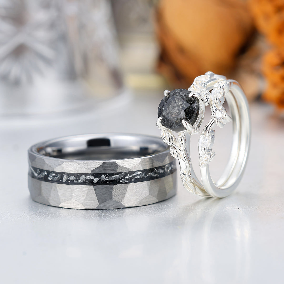 Classic Black Rutilated Quartz Leaf His And Hers Wedding Band Matching Tungsten Promise Engagement Couple Rings -  Esdomera.com