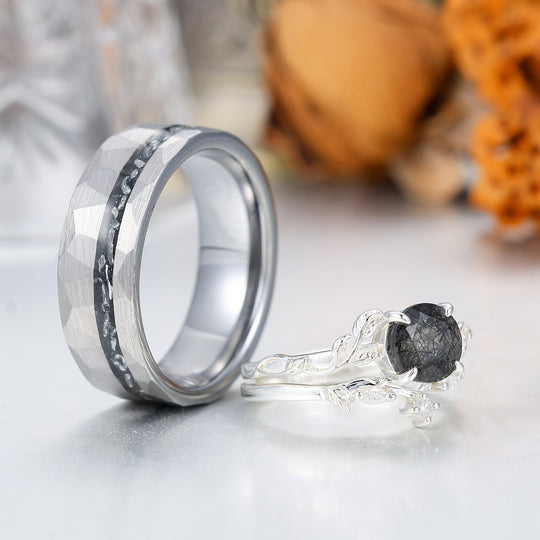 Classic Black Rutilated Quartz Leaf His And Hers Wedding Band Matching Tungsten Promise Engagement Couple Rings -  Esdomera.com
