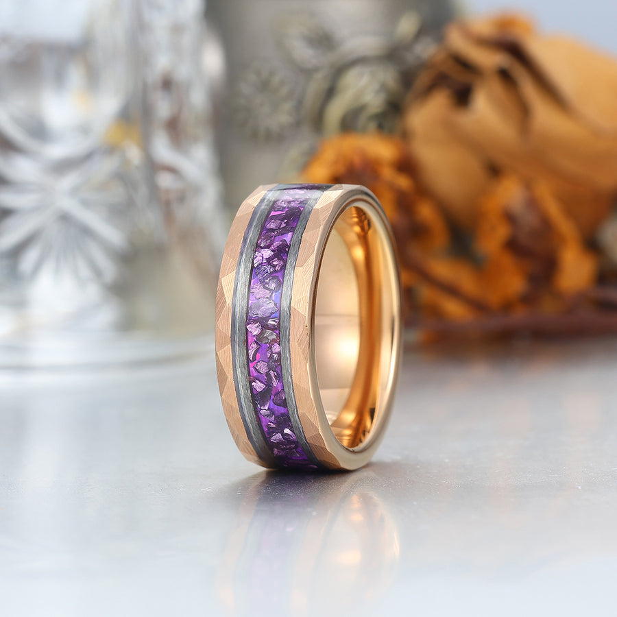 Amethyst Gemstone Inset Wedding Band Men's 8mm Personalized Anniversary Hammered Tungsten Ring