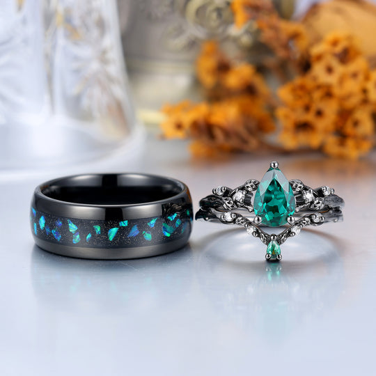 Branch Leaf Engraved Green Emerald Couple Ring Set Emerald Matching Rings For Men For Women