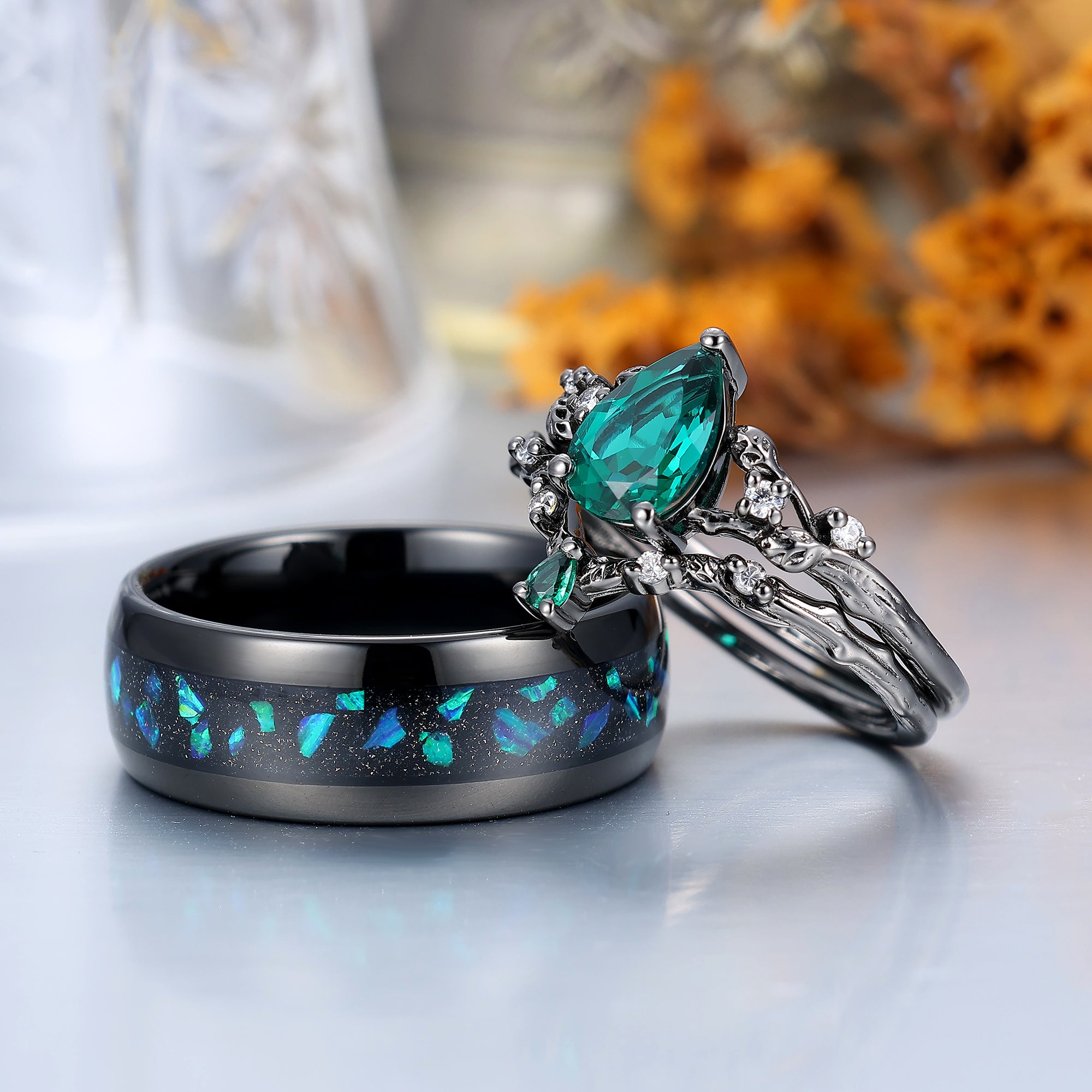 Branch Leaf Engraved Green Emerald Couple Ring Set Emerald