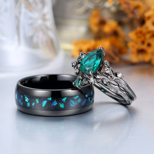 Branch Leaf Engraved Green Emerald Couple Ring Set Emerald Matching Rings For Men For Women