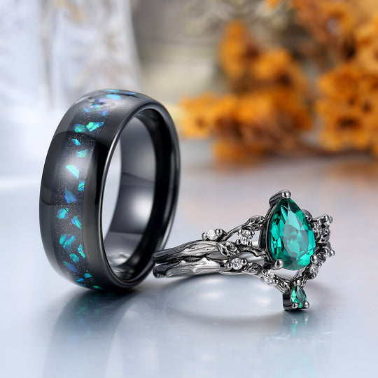 Branch Leaf Engraved Green Emerald Couple Ring Set Emerald Matching Rings For Men For Women