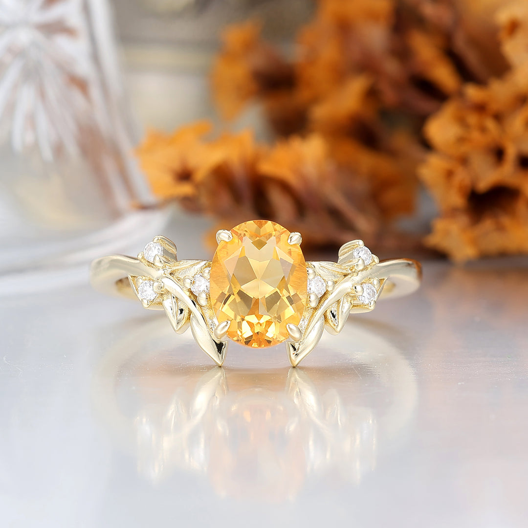 Anillo de compromiso para ella con citrino corte oval estilo enredadera de hojas, anillo sólido de oro 14K