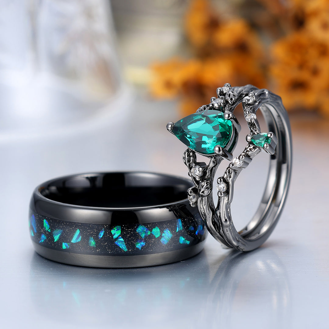 Branch Leaf Engraved Green Emerald Couple Ring Set Emerald Matching Rings For Men For Women