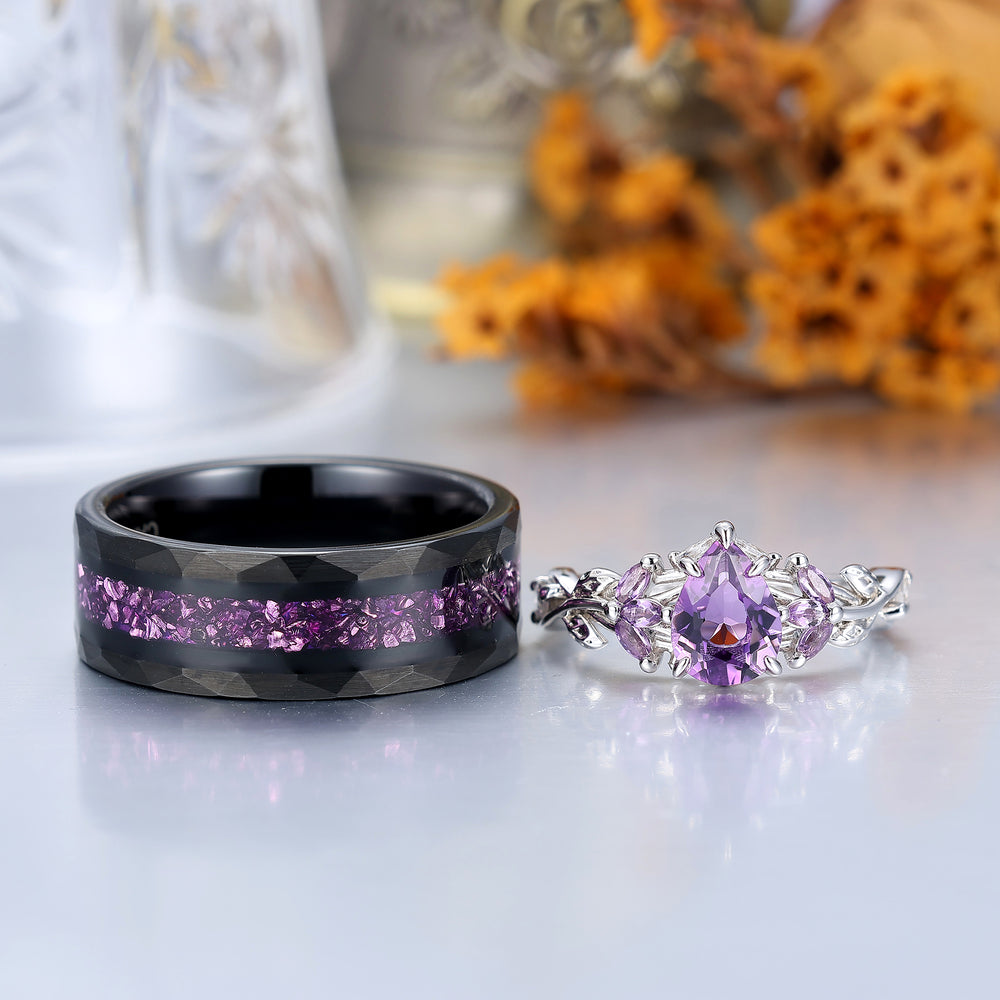 Leaf Inspired Natural Purple Amethyst Couple Ring 2pcs Wedding Band For Men And Women