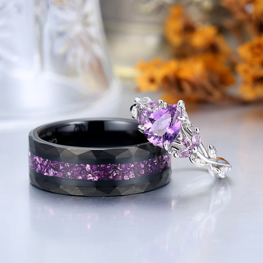 Fede Nuziale Coppia in Ametista Viola Naturale Ispirata alla Foglia 2 pezzi per Uomo e Donna