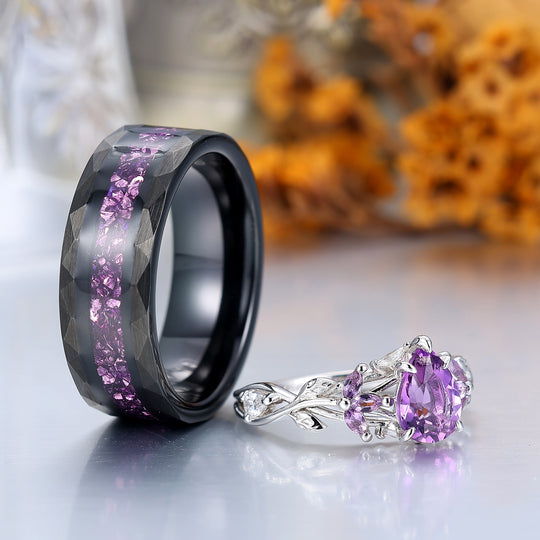 Fede Nuziale Coppia in Ametista Viola Naturale Ispirata alla Foglia 2 pezzi per Uomo e Donna