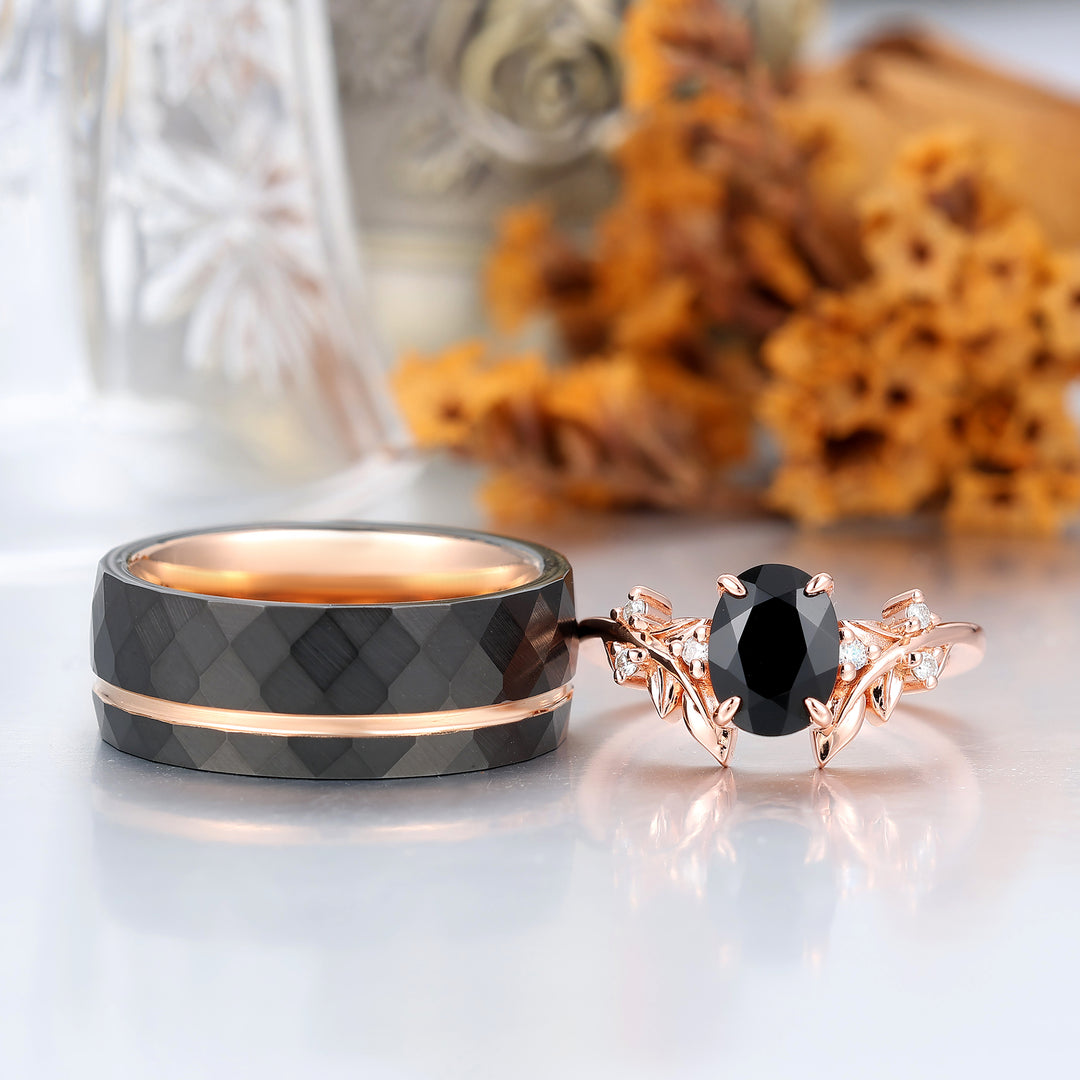 Anelli di Fidanzamento Coppia con Lama in Onice Nero Art Deco Anelli di Promessa Martellati in Tungsteno per Matrimonio Uomo e Donna
