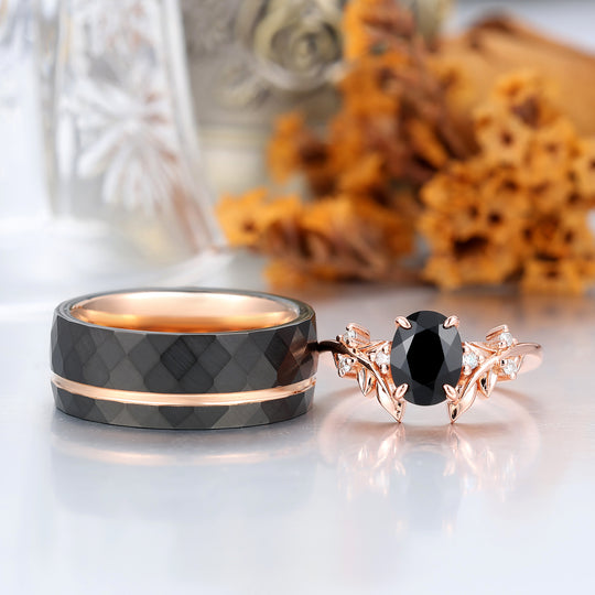 Anelli di Fidanzamento Coppia con Lama in Onice Nero Art Deco Anelli di Promessa Martellati in Tungsteno per Matrimonio Uomo e Donna