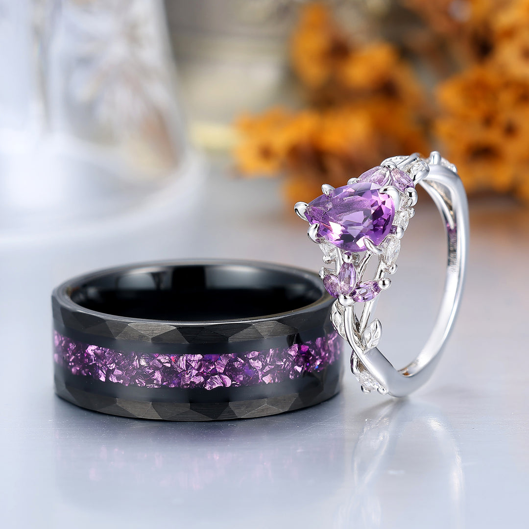 Fede Nuziale Coppia in Ametista Viola Naturale Ispirata alla Foglia 2 pezzi per Uomo e Donna