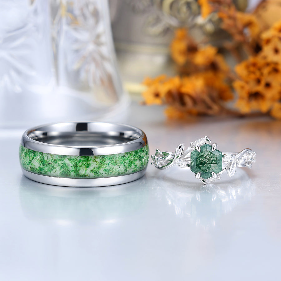 Anillo de Promesa para Pareja con Diseño Único de Ramas, Corte Hexagonal de Ágata Musgosa para Él y Ella