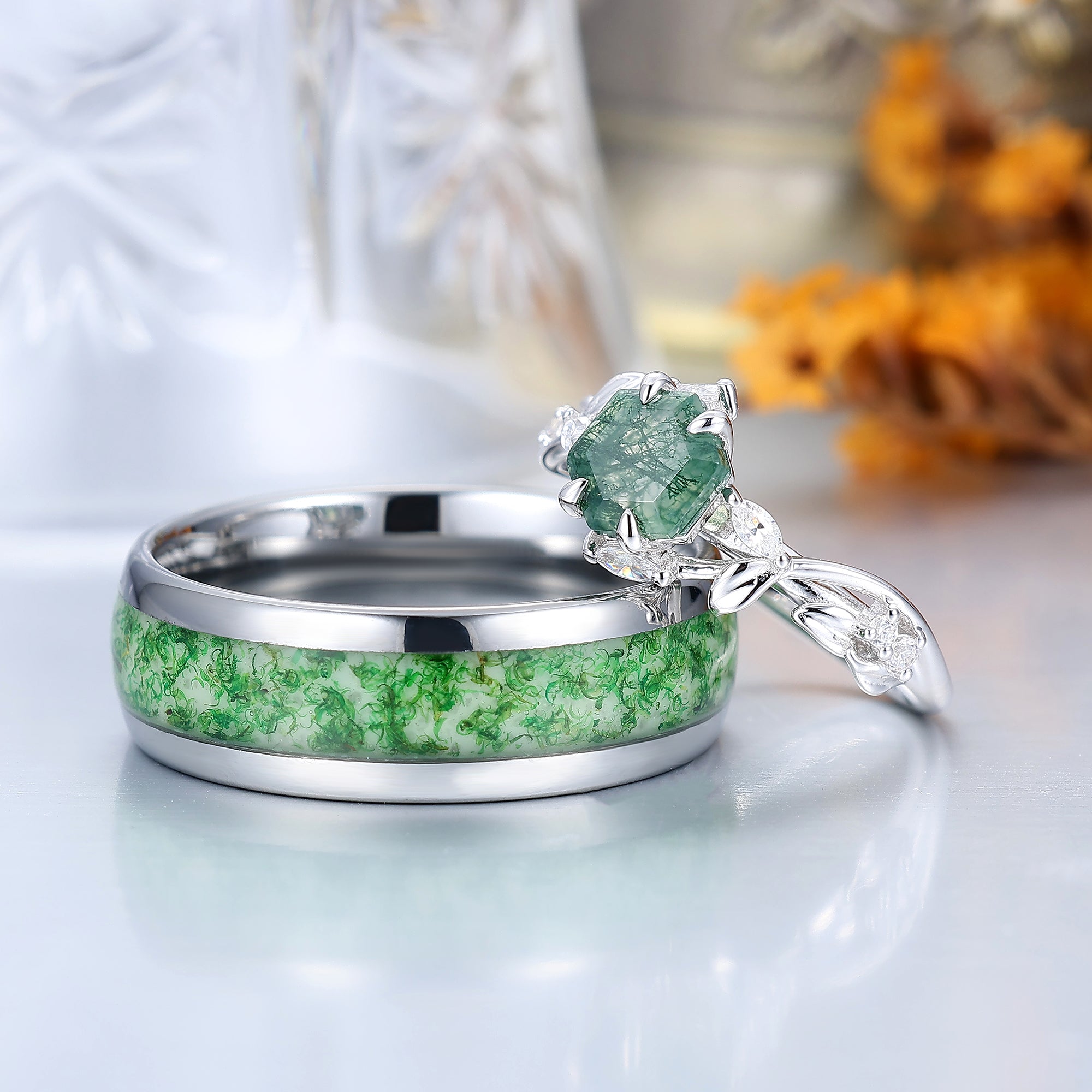 Unique Sprig Design Hexagon Cut Moss Agate His And Hers Ring
