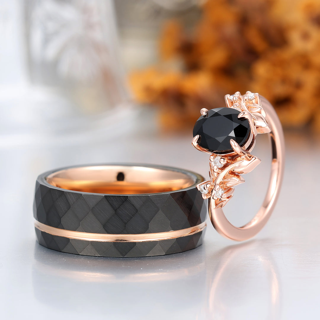 Anelli di Fidanzamento Coppia con Lama in Onice Nero Art Deco Anelli di Promessa Martellati in Tungsteno per Matrimonio Uomo e Donna