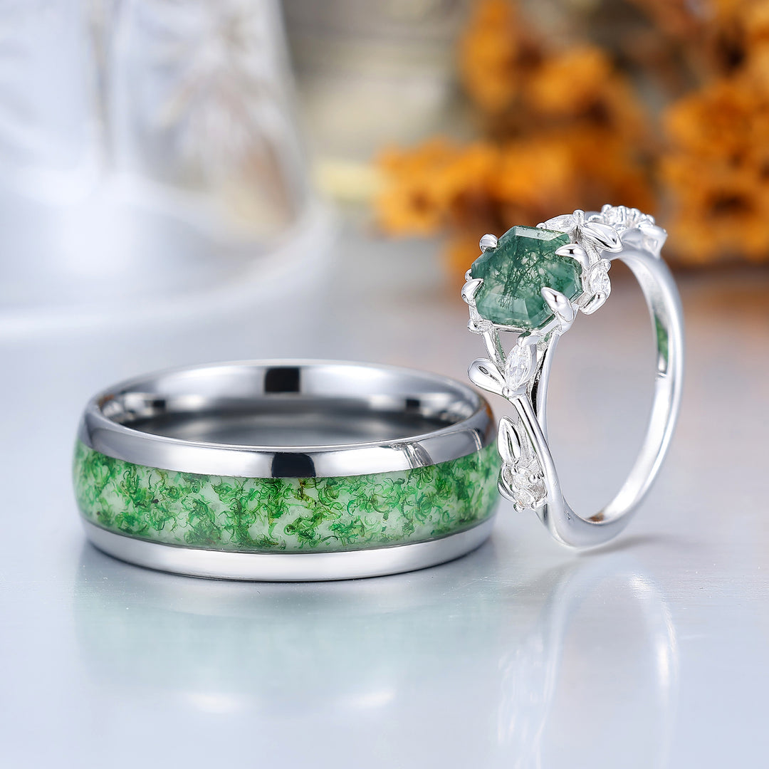 Uniek takjesontwerp hexagon-geslepen mosagaat ring voor hem en haar, beloftering voor koppels