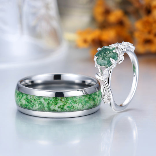 Uniek takjesontwerp hexagon-geslepen mosagaat ring voor hem en haar, beloftering voor koppels