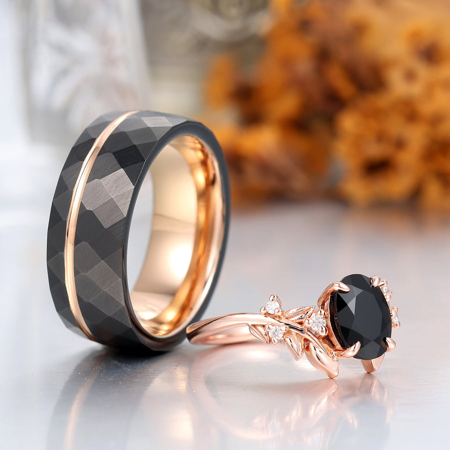 Anelli di Fidanzamento Coppia con Lama in Onice Nero Art Deco Anelli di Promessa Martellati in Tungsteno per Matrimonio Uomo e Donna