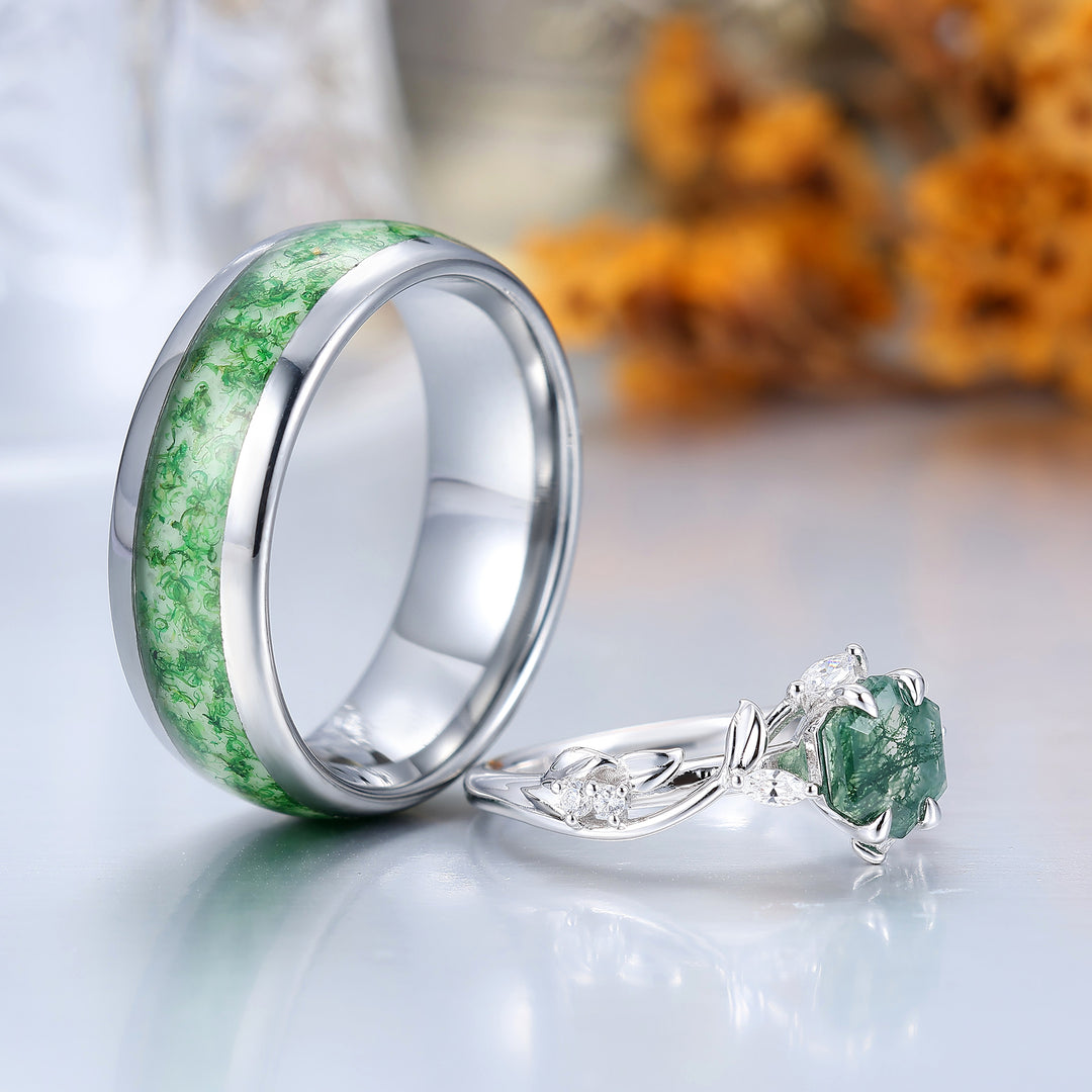 Uniek takjesontwerp hexagon-geslepen mosagaat ring voor hem en haar, beloftering voor koppels