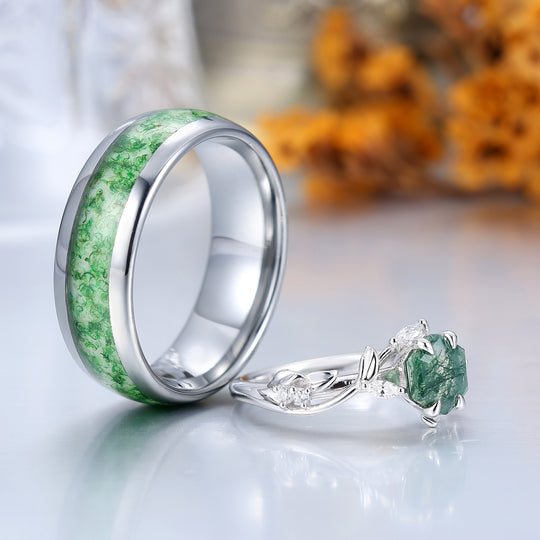 Uniek takjesontwerp hexagon-geslepen mosagaat ring voor hem en haar, beloftering voor koppels