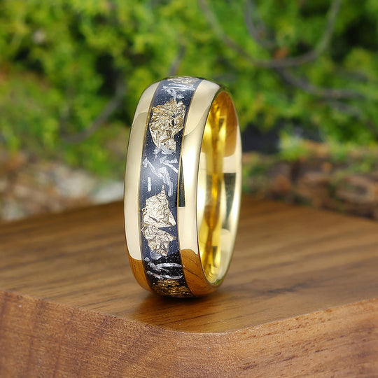 Meteorite Gold Foil Mens Tungsten Ring Yellow Gold Anniversary Wedding Band For Men And Women