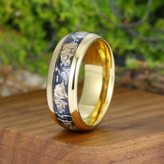 Meteorite Gold Foil Mens Tungsten Ring Yellow Gold Anniversary Wedding Band For Men And Women