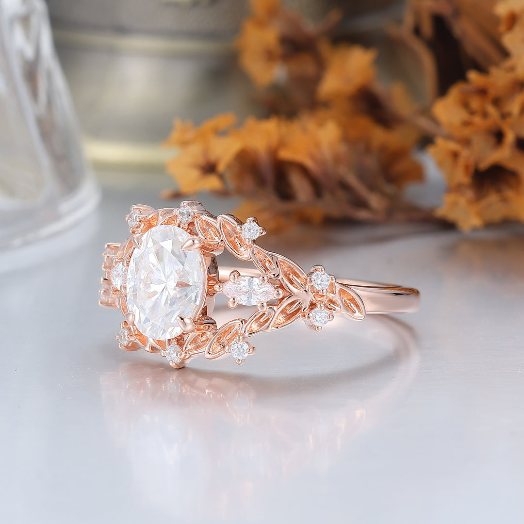 Vintage Leaf Engraved Oval Moissanite Couple Rings Natural Inspired His And Hers Rings -  Esdomera.com
