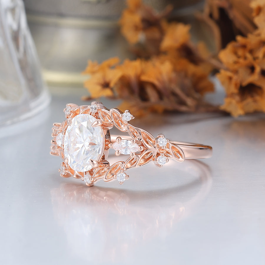 Vintage Leaf Engraved Oval Moissanite Couple Rings Natural Inspired His And Hers Rings -  Esdomera.com
