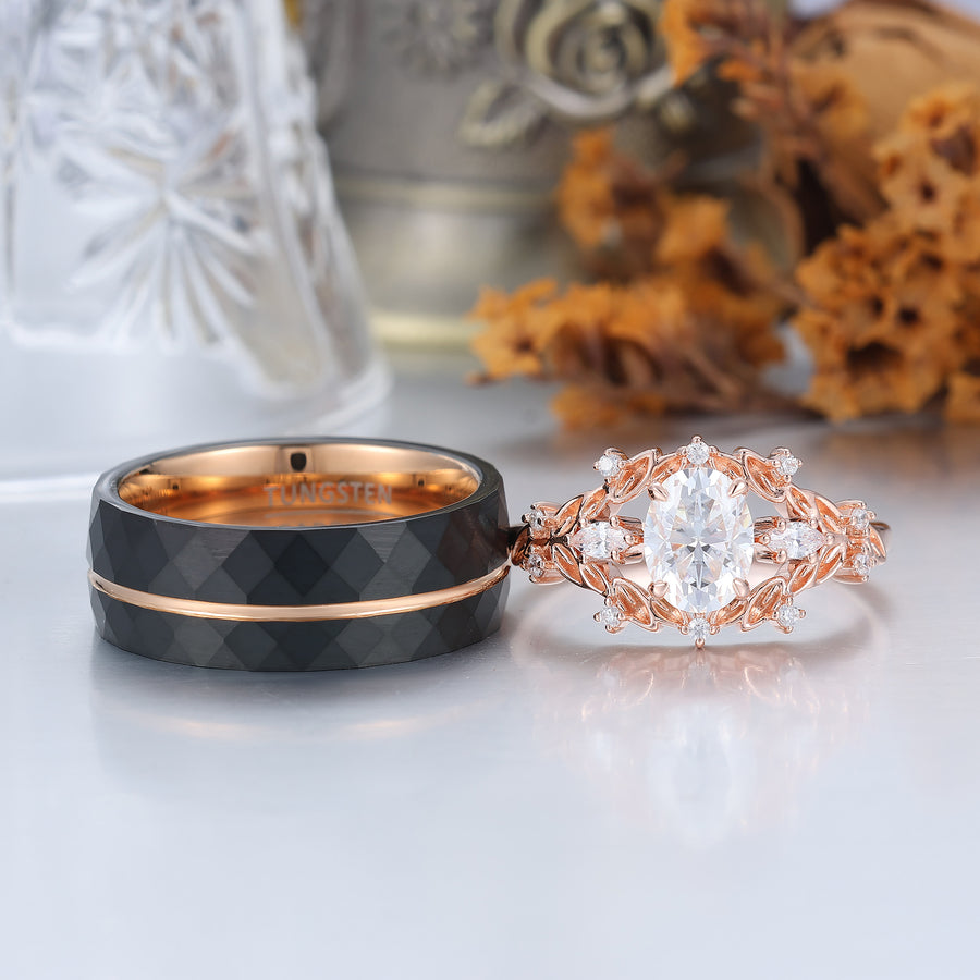 Vintage Leaf Engraved Oval Moissanite Couple Rings Natural Inspired His And Hers Rings -  Esdomera.com