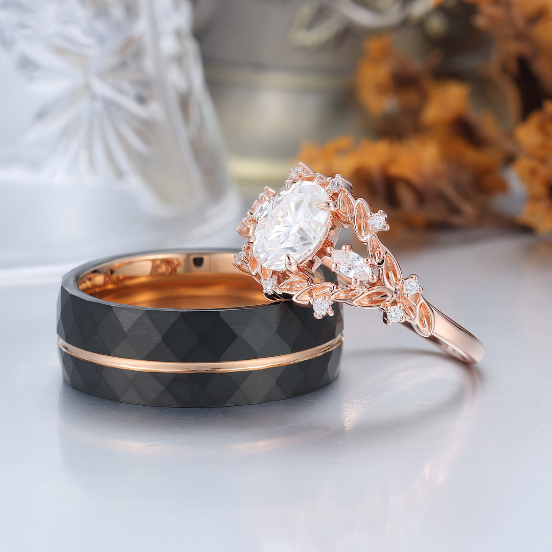 Vintage Leaf Engraved Oval Moissanite Couple Rings Natural Inspired His And Hers Rings -  Esdomera.com