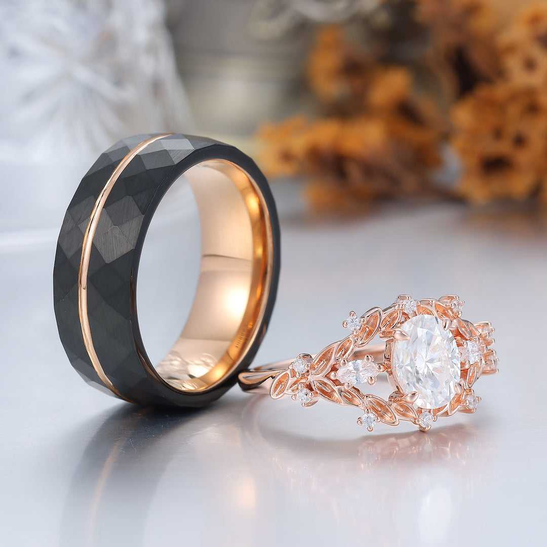 Vintage Leaf Engraved Oval Moissanite Couple Rings Natural Inspired His And Hers Rings -  Esdomera.com