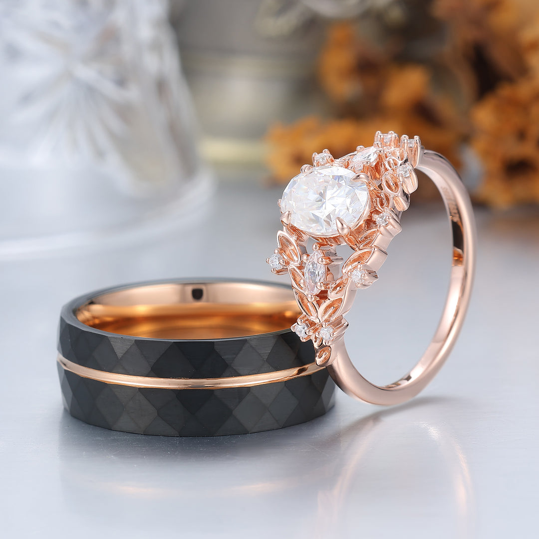 Vintage Leaf Engraved Oval Moissanite Couple Rings Natural Inspired His And Hers Rings -  Esdomera.com