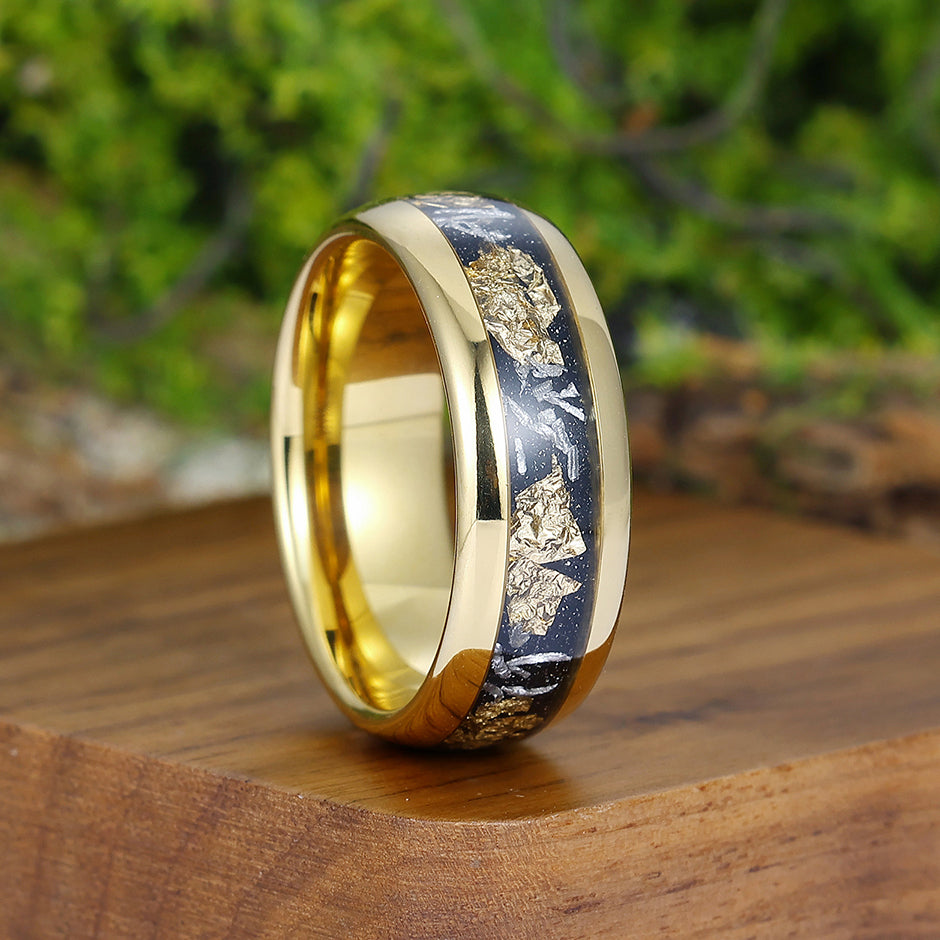 Meteorite Gold Foil Mens Tungsten Ring Yellow Gold Anniversary Wedding Band For Men And Women