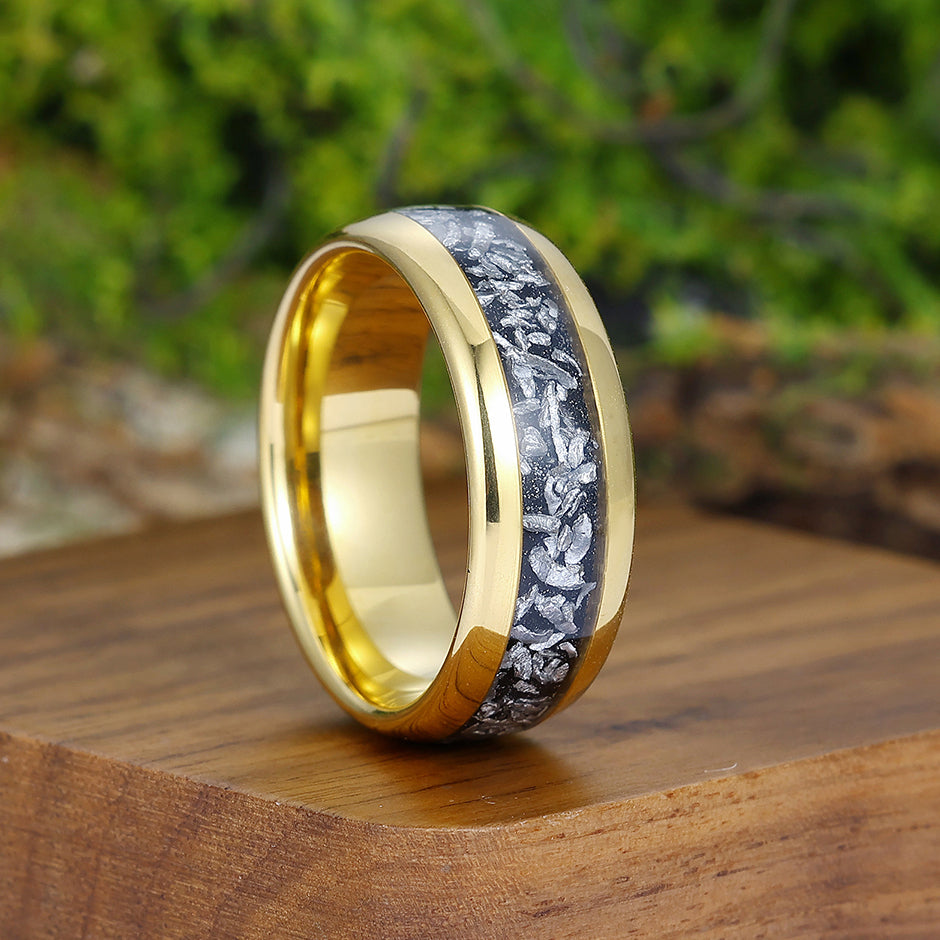 Crushed Meteorite Mens Tungsten Ring Yellow Gold Polished Dome Unisex Wedding Band