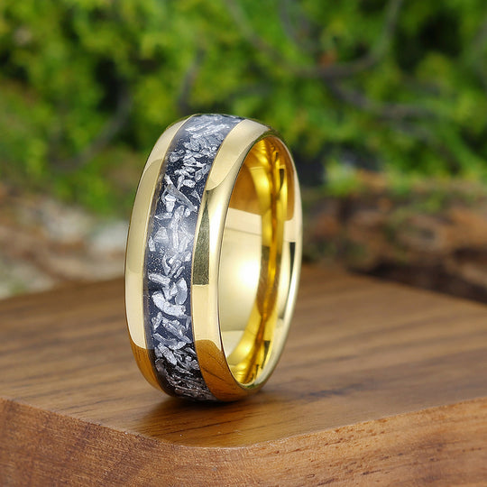 Crushed Meteorite Mens Tungsten Ring Yellow Gold Polished Dome Unisex Wedding Band