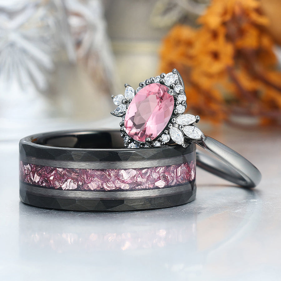 Anillos de compromiso de pareja románticos de morganita rosa, anillos a juego de tungsteno negro para él y para ella