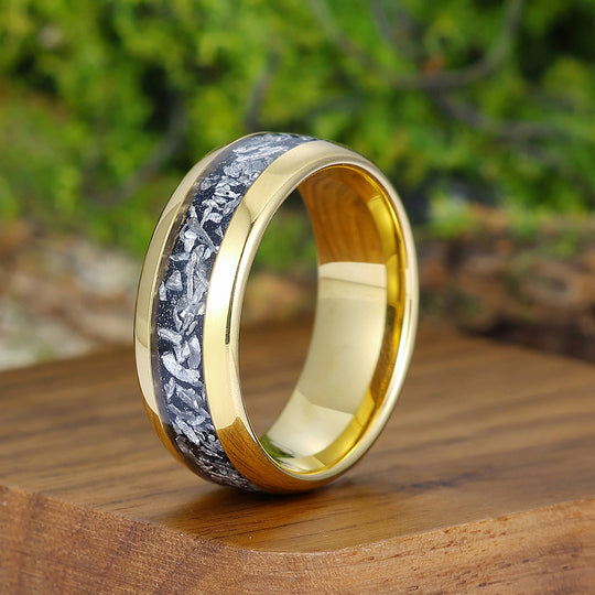 Crushed Meteorite Mens Tungsten Ring Yellow Gold Polished Dome Unisex Wedding Band