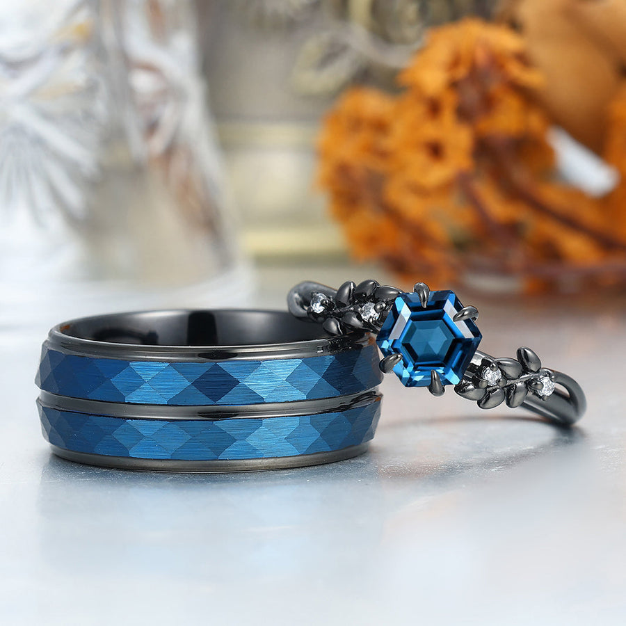 Anillos de pareja con diseño de trigo, topacio azul Londres corte hexagonal, anillo de boda de plata S925 y tungsteno