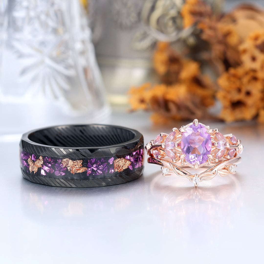 Delicate Leaf Branch Design Amethyst Couple Ring Set S925 And Damascus Steel Matching Rings