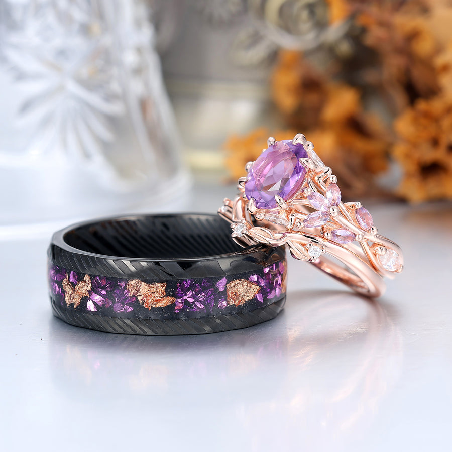 Delicate Leaf Branch Design Amethyst Couple Ring Set S925 And Damascus Steel Matching Rings